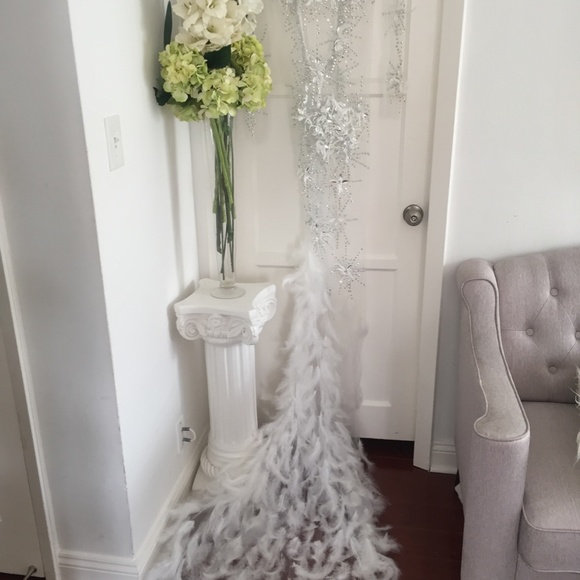 WHITE ANGEL DRESS HAND BEADED FEATHER COUTURE GOWN - Picture 5 of 16